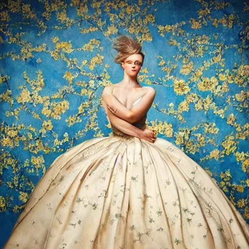 Prompt: Stunning picture of a model wearing a magnificent ball gown inspired by Van Gogh's Starry Night. Studio lighting