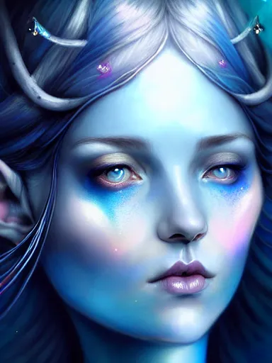 Image similar to the elven queen with blue skin by james jean, charlie bowater, tom bagshaw, nikolay makovsky, melanie delon : : enchanting, ethereal, magical, glowing, sparkle, prismatic, portrait, character design, illustration, hyperrealism, photorealism, digital art, concept art, fantasy, whimsy, weta, wlop, artstation