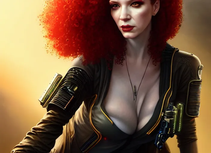 Image similar to portrait shot of a christina hendricks wearing cyberpunk clothing in cyberpunk 2 0 7 7, intricate, elegant, highly detailed, centered, digital painting, artstation, concept art, smooth, sharp focus, illustration, artgerm, tomasz alen kopera, peter mohrbacher, donato giancola, joseph christian leyendecker, wlop, boris vallejo