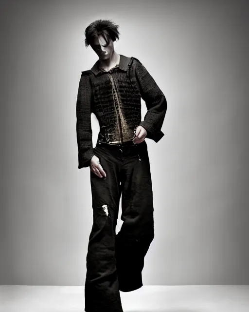 Image similar to an award - winning photo of an ancient male model wearing a plain boot cut flared distressed medieval designer menswear trousers designed by alexander mcqueen, 4 k, studio lighting, wide angle lens, 2 0 0 4