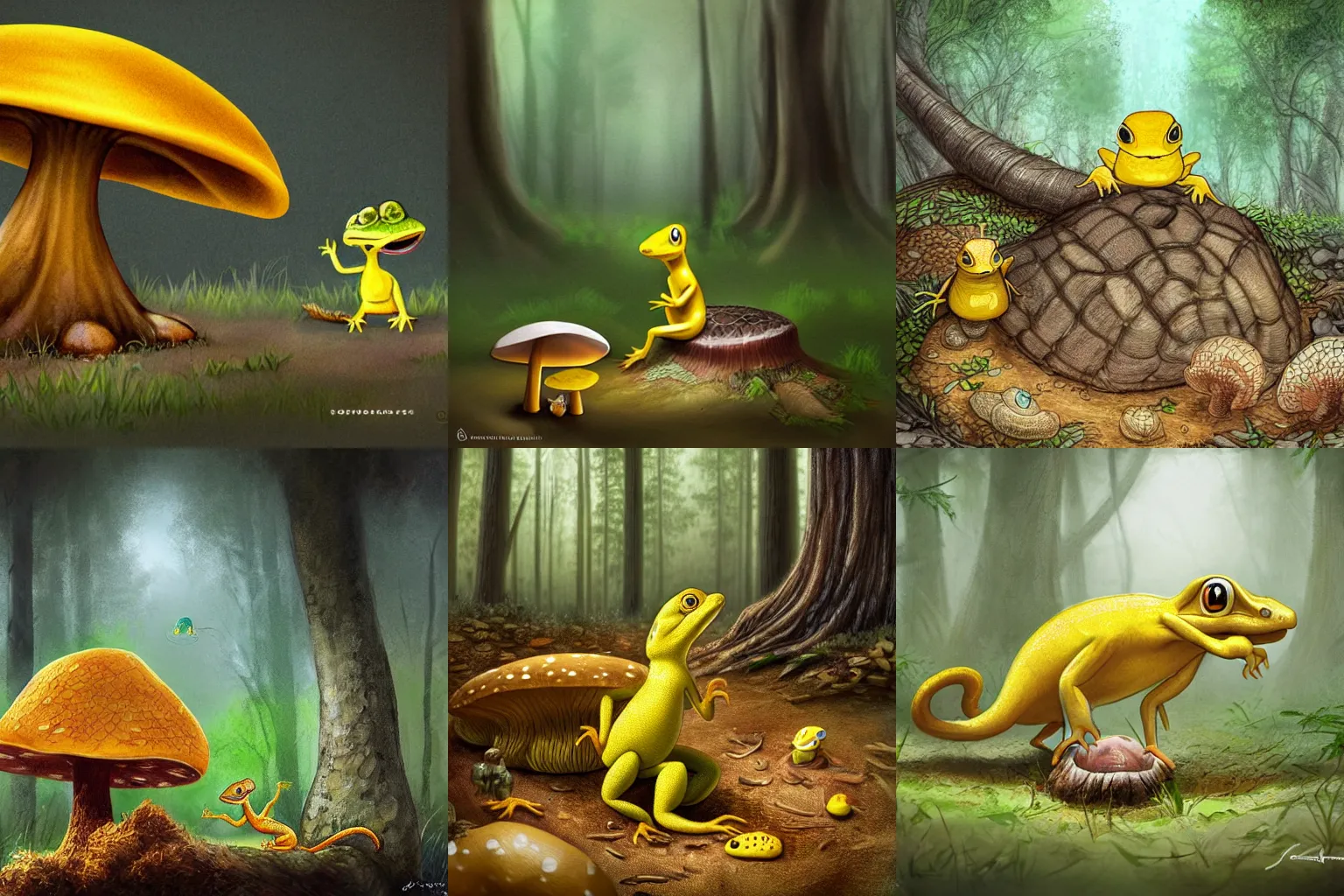 Prompt: a tiny yellow lizard is selling his wares from under a porcini mushroom in a misty forest scene. realistic cartoon style, highly detailed, artgerm, digital art