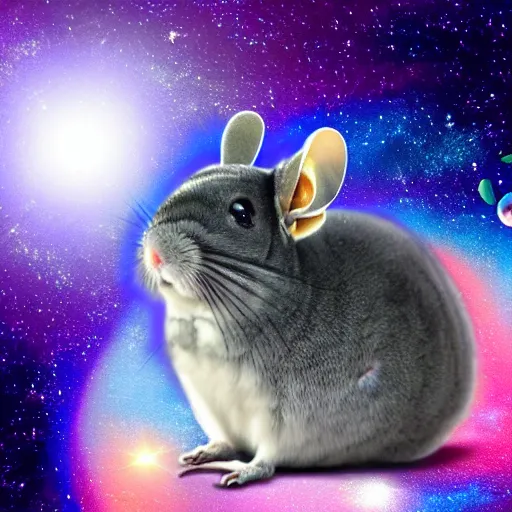 Image similar to chinchilla with mean look in space with galaxy in background, rainbow jellybeans under chinchilla's tail