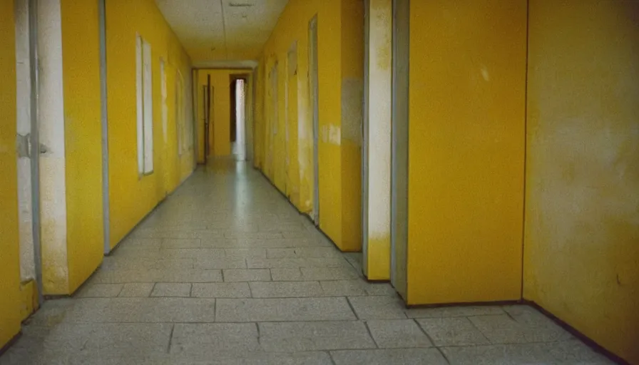 Image similar to 60s movie still of a sovietic stalinist style empty hallway with yellow tiles, cinestill 800t 50mm eastmancolor, liminal Space style, heavy grain