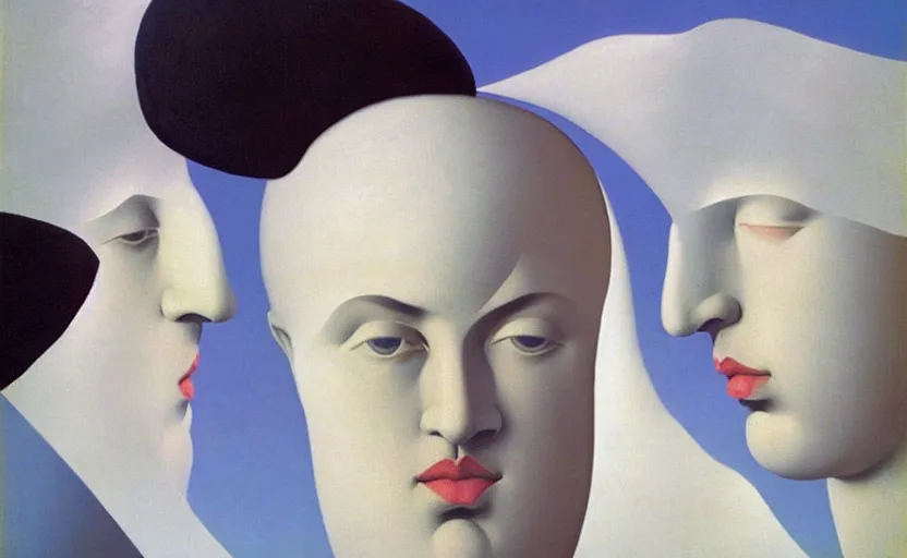 Image similar to the lovers # # white fabric covering heads # # by rene magritte, extremely intricate and detailed 8 k cinematic lighting, hyper realism