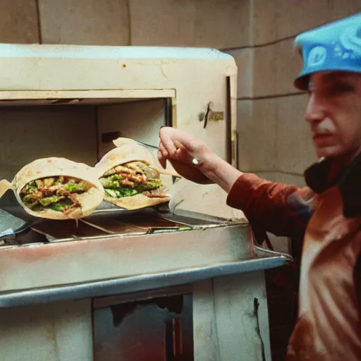 Prompt: alien cooks shawarma in a stall, soviet space, top secret style, realistic photo, cinestill 8 0 0 t, 1 9 7 0 s, color