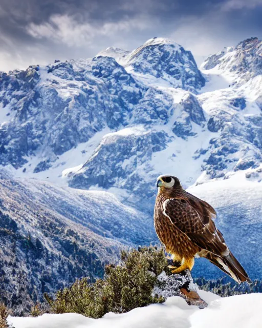 Prompt: A photo of a falcon surrounded by snowy mountains, focus on falcon, 4k