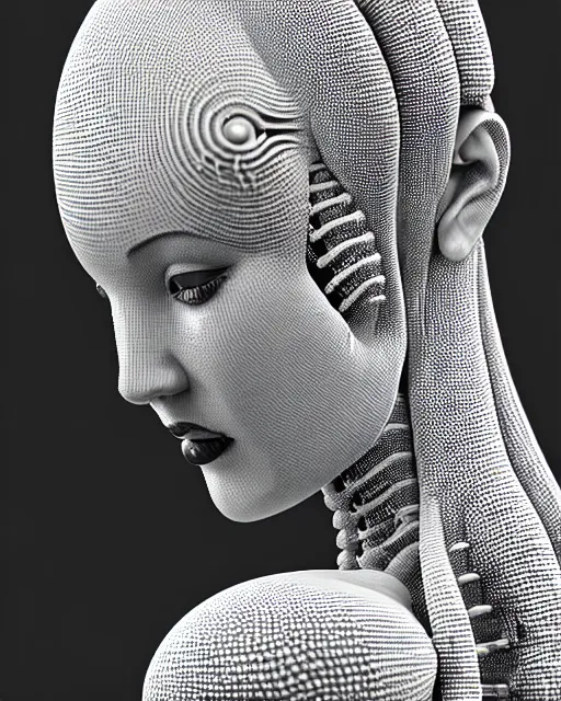 Image similar to mythical black and white organic bio-mechanical spinal ribbed face portrait detail of mechanical beautiful female angelic-vegetal-cyborg, highly detailed, intricate ornate, poetic, 3D render, digital art, octane render, 8K artistic photography, photo-realistic, by Man Ray