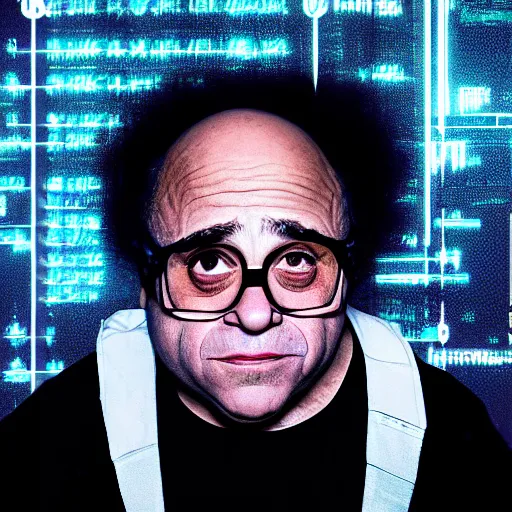 Image similar to danny devito as a hacker in the matrix, modelsociety, radiant skin, huge anime eyes, rtx on, perfect face, directed gaze, sony a 7 r iv, symmetric balance, polarizing filter, photolab, lightroom, 4 k, dolby vision, photography award