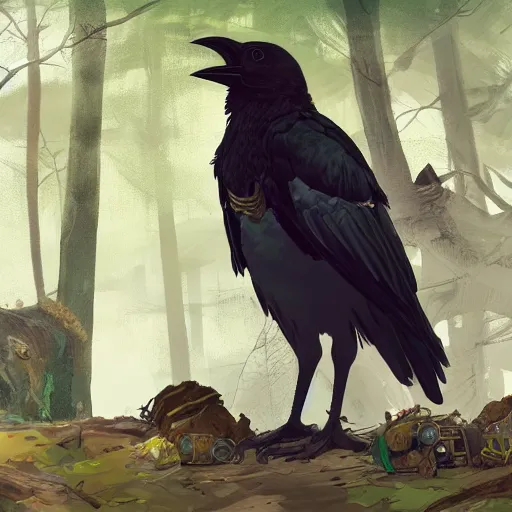 Prompt: concept art painting of a person with a head of a crow, with steampunk clothes, in the deep forest, realistic, detailed, cel shaded, in the style of makoto shinkai and greg rutkowski and james gurney