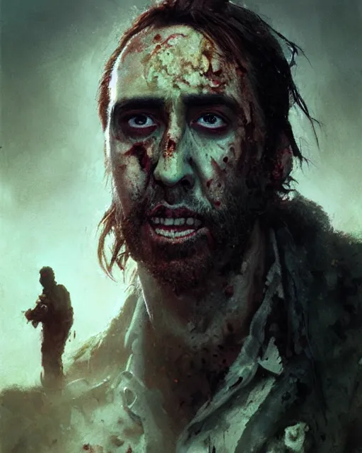 Image similar to hyper realistic photo portrait nicholas cage bearded zombie cinematic, greg rutkowski, james gurney, mignola, craig mullins, brom