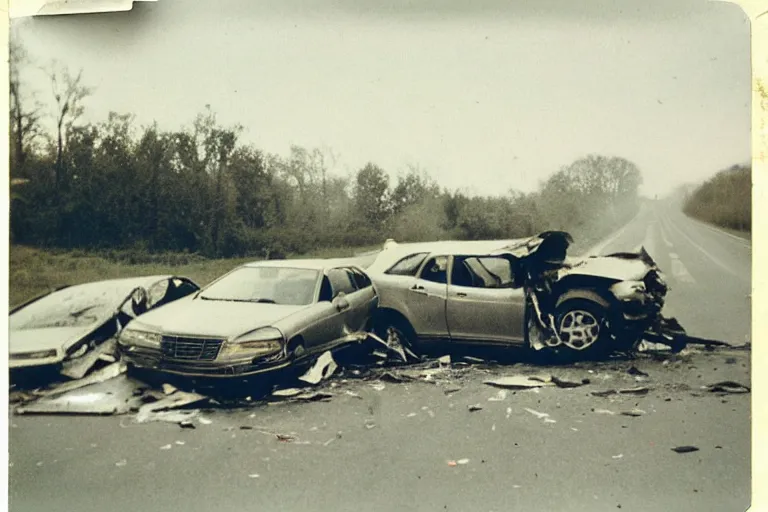 Prompt: old polaroid of a car crash, corpse on the road