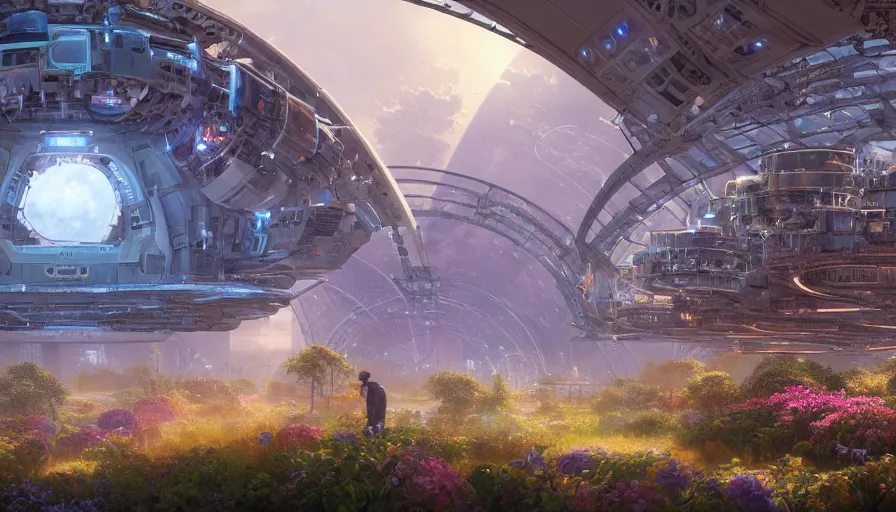 Prompt: highly detailed digital matte painting of automated robot harvesting beautiful gardens on a massive space station, by Raphael LaCoste and Stephan Martiniere and Justin Gerard and Robert McCall, postcyberpunk, geodesic dome, hyperdetailed, sunrise, wide shot, autochrome, octane render