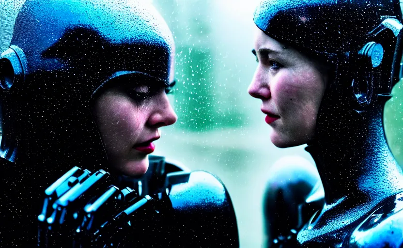 Image similar to cinestill 5 0 d candid photographic portrait by christopher nolan of two loving female androids sobbing wearing rugged black mesh techwear in treacherous waters, extreme closeup, modern cyberpunk moody emotional cinematic, pouring iridescent rain bright spotlight, 8 k, hd, high resolution, 3 5 mm, f / 3 2, ultra realistic faces, ex machina