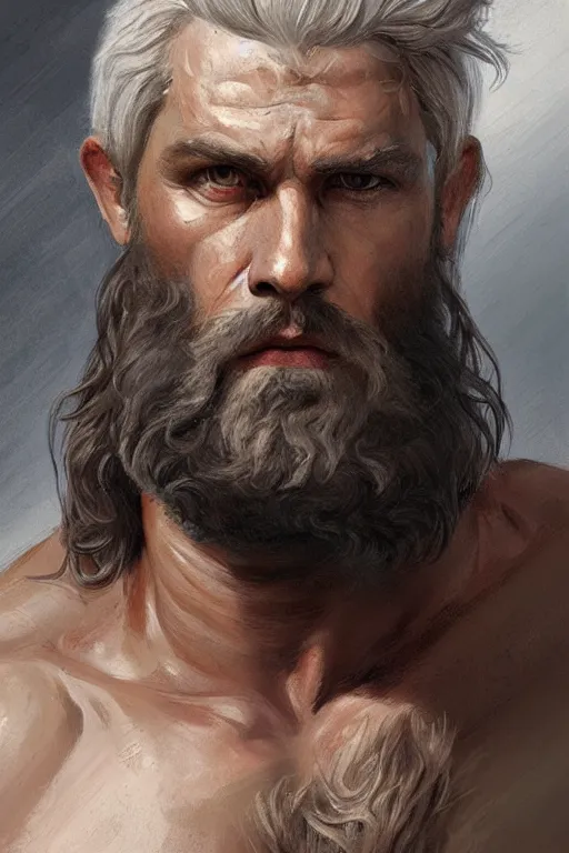 Image similar to painted portrait of rugged zeus, god of thunder, greek god, white hair, masculine, mature, handsome, upper body, muscular, hairy chest, fantasy, intricate, elegant, highly detailed, digital painting, artstation, concept art, smooth, sharp focus, illustration, art by gaston bussiere and greg rutkowski