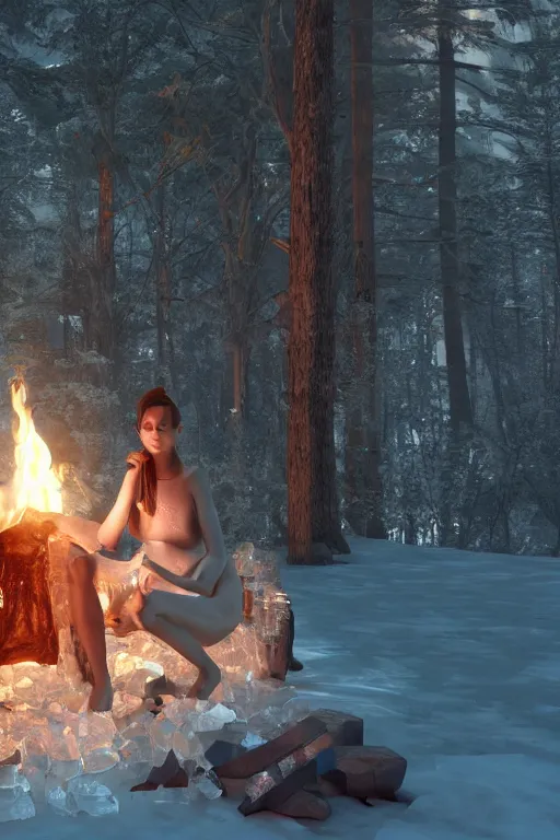 Image similar to a beautiful woman made out of crystal ice sitting by a campfire and slowly melting, by iris van herpen, unreal engine 5, volumetric lighting, path tracing, outdoor campfire pit