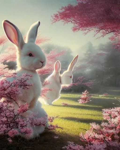 Prompt: ink on paper portrait of two white bunnies, super realistic, highly detailed, rule of thirds, in colorfull kimonos in the foreground of a surreal environment with cherry blossoms, volumetric light, dof, by greg rutkowski and michael whelan