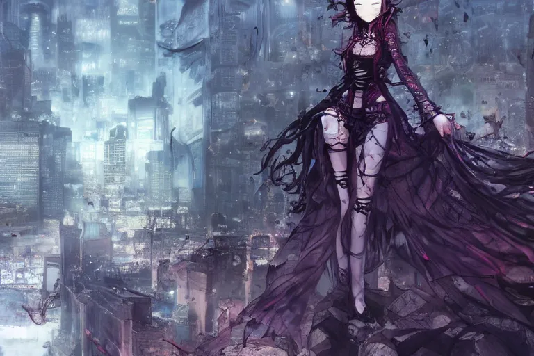 Image similar to goth woman in front of city, color page, tankoban, 4 k, tone mapping, akihiko yoshida, james jean andrei riabovitchev marc simonetti, yoshitaka amano, long hair, curly, h. hydrochaeri