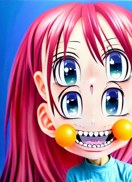 Image similar to a hyperrealistic oil panting of a kawaii anime girl figurine caricature with a big dumb grin featured on nickelodeon by dave mckean