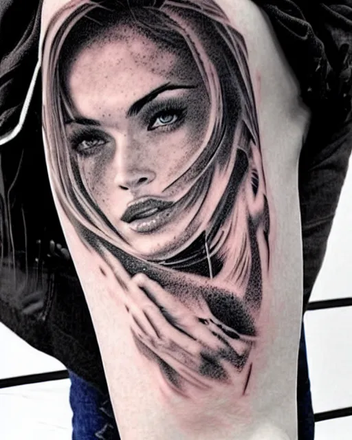 Image similar to tattoo design sketch with double exposure effect of megan fox with amazing mountain scenery, realism tattoo, in the style of den yakovlev, amazing detail, sharp