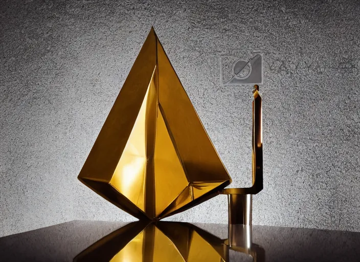 Image similar to a reflective geometric polyhedral steel engineering trophy at a high end bar in a medieval themed castle in golden afternoon light, professional food photography