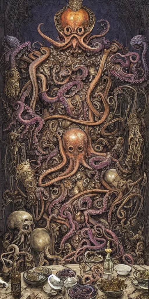 Image similar to mages with human bodies and magical armour with octopus heads sitting near the table in an ancient mage castle with enormous scale, gothic and baroque, brutalist architecture, ultradetailed, Intricate by Josan Gonzalez and John Howe and Giuseppe Arcimboldo