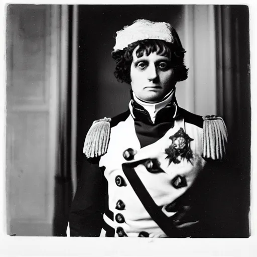 Prompt: photo of Napoleon Bonaparte by Diane Arbus, black and white, high contrast, Rolleiflex, 55mm f/4 lens