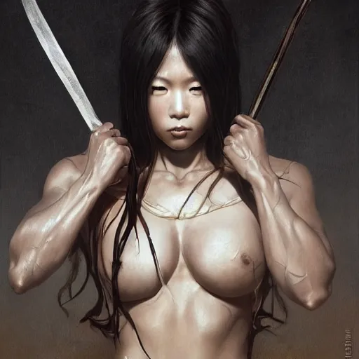 Prompt: painting of dark muscular oiled japanese woman, bloody, carrying a sword, symmetric, ultra realistic, concept art, intricate details, eerie, highly detailed, photorealistic, octane render, 8 k, unreal engine. art by artgerm and greg rutkowski and alphonse mucha