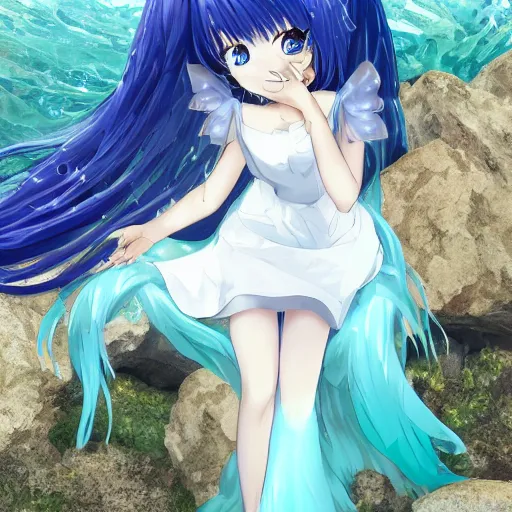 Prompt: a very beautiful anime girl wearing a dress made of water sitting on the edge of a azure blue crystal riverbed , full body, long white hair with azure blue highlights blending into the dress , azure blue watery eyes, full round face, seductive over the shoulder glances , lens flare, cinematic lighting, medium shot, mid-shot, highly realistically detailed, trending on artstation, Unreal Engine 4k, Stanley Artgerm Lau, WLOP, Rossdraws, James Jean, Andrei Riabovitchev, Marc Simonetti, and Sakimichan