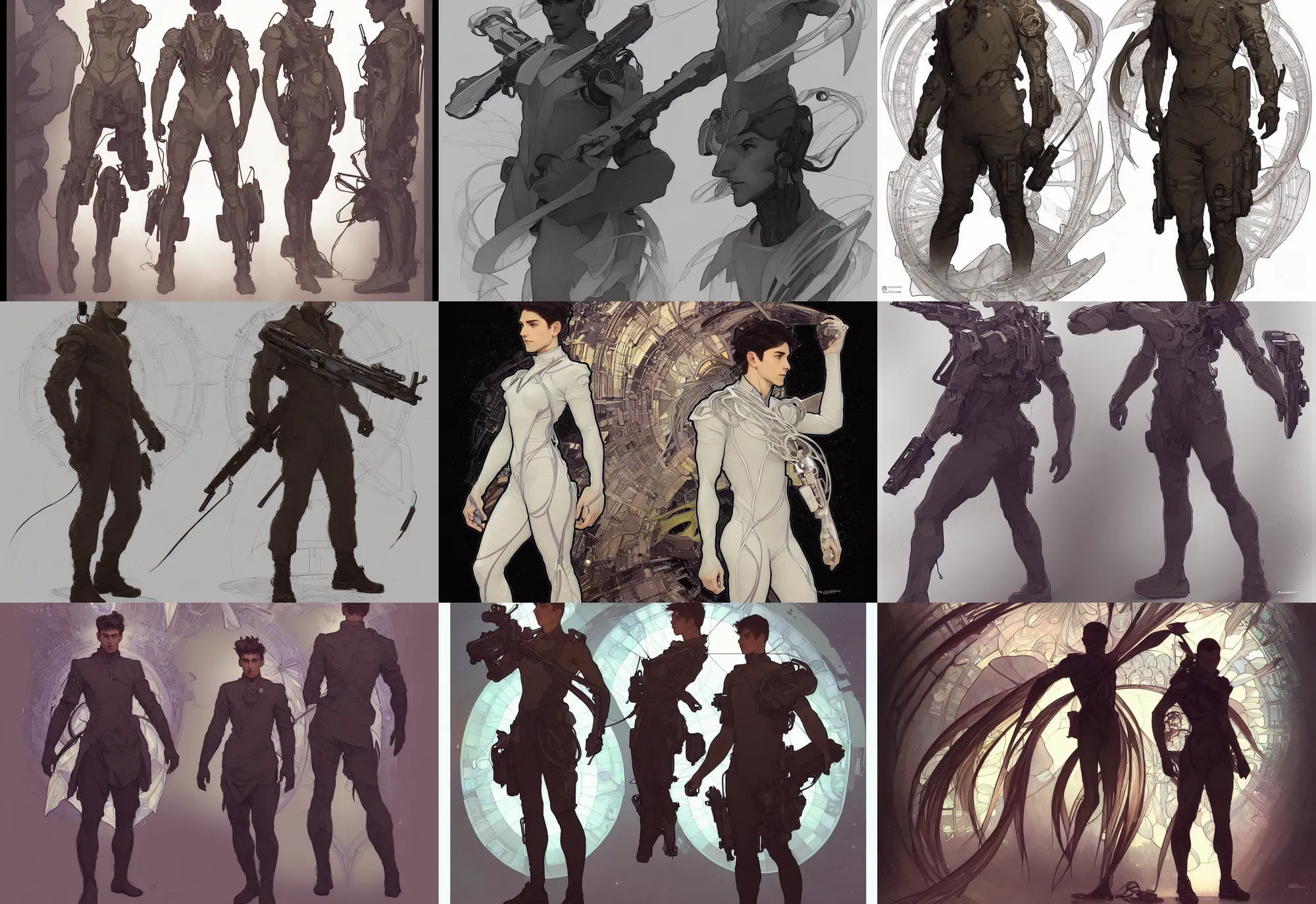 Image similar to a digital concept ar by artgerm and greg rutkowski and alphonse mucha. three - view drawing full body!! t pose!! clear portrait of a lonely attractive man in uniform!! future military, sci - fi weapon, light effect. hyper detailed, character concept, glowing lights!! intricate, elegant, digital painting, artstation, smooth, sharp focus