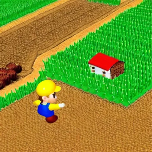 Image similar to a small vintage farm on fire in a corn field in the style of Mario 64, gameplay footage