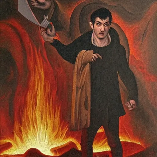 Image similar to nathan fielder walking around hell!!! holding a notepad, dante's inferno!!! medieval painting, oil painting