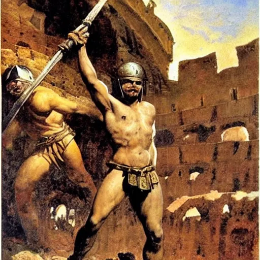 Prompt: a victorious gladiator defies the heavens, colosseum arena scene, by frank frazetta