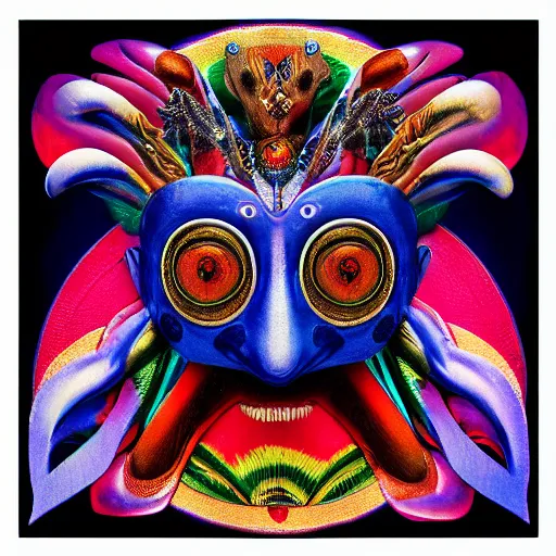 Image similar to a psychedelic jester mask with three rows of eyes album cover 4k