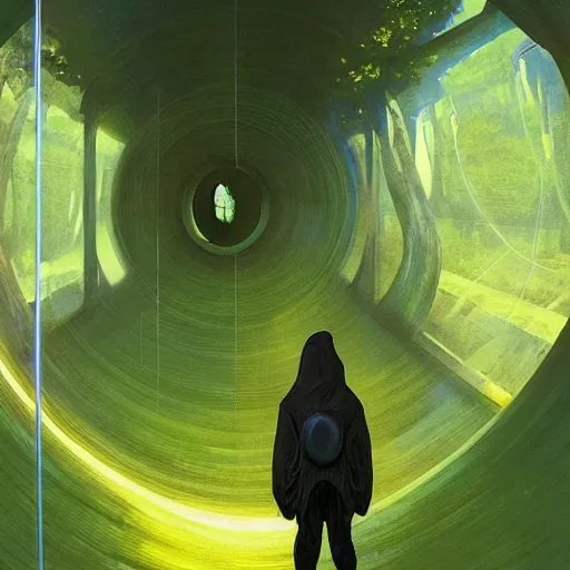 Image similar to portal in a middle of a lush futuristic forest, alien world seen through a portal, person in a cloak standing in front of a portal, syd mead, john harris