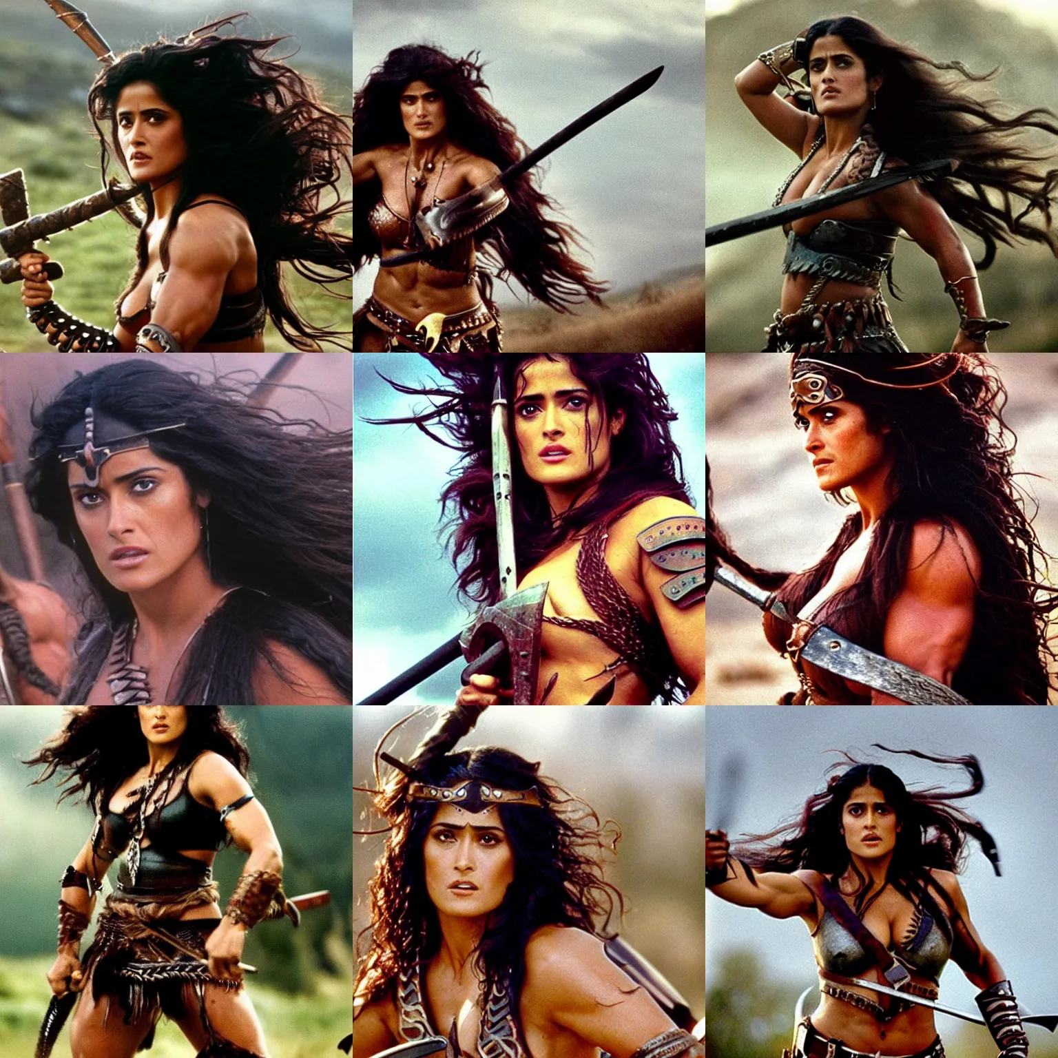 Prompt: epic photo of muscular salma hayek as beautiful barbarian warrior princess with long curly black hair blowing in the wind in a battle scene, sweaty, detailed eyes, neutral expression, shallow depth of field, photorealistic, cinematic lighting, lovely bokeh, warm colours, dusk, movie quality, the beastmaster 1 9 8 5, movie still