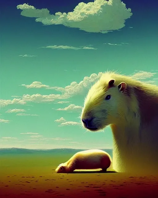 Prompt: white capybara relaxing, surreal photography, synth dramatic light, impressionist painting, colorful clouds, digital painting, artstation, kilian eng, john harris, bastien lecouffe - deharme, simon stalenhag, flower face