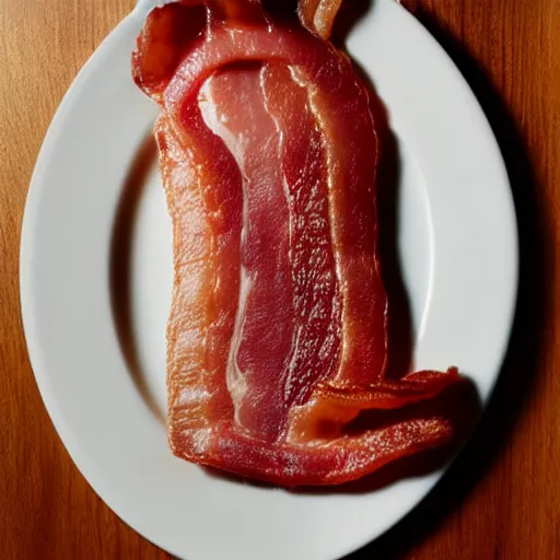 Image similar to an ultra realistic photograph of a bacon rasher on a plate, with kevin bacon's face