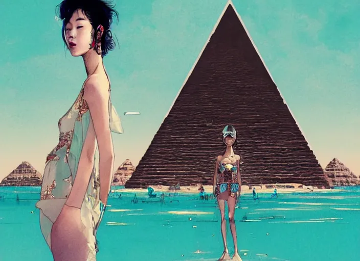 Image similar to lee jin - eun in luxurious dress emerging from turquoise water in egyptian pyramid city during an eclipse by james jean, conrad roset, m. k. kaluta, martine johanna, rule of thirds, elegant look, beautiful, chic, face anatomy, cute complexion