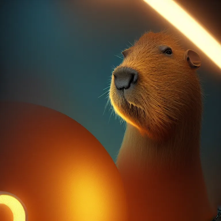 Image similar to a capybara behind a colorful ring light, octane render, trending on artstation, greg rutkowski very coherent symmetrical artwork. cinematic, hyper realism, high detail, octane render, 8 k