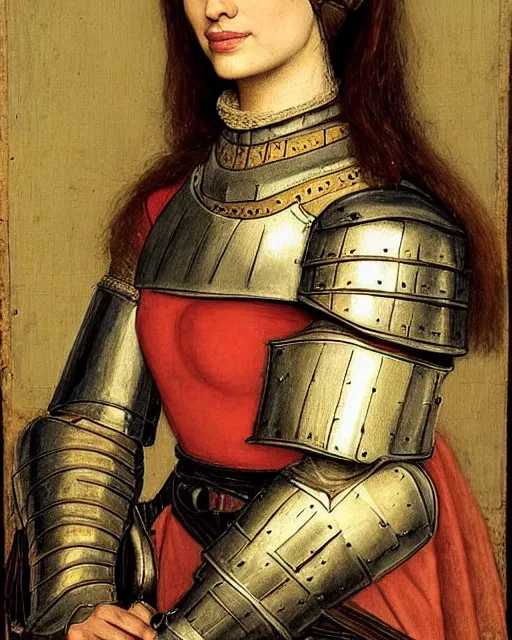 Prompt: medieval portrait of beautiful ana de armas dressed as an armored battle knight, in the style of eugene de blaas