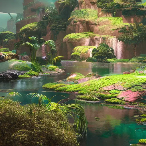 Image similar to photography river lush 8 k geometric cinematic cryengine render by james christensen, moebius, syd mead, john stephens