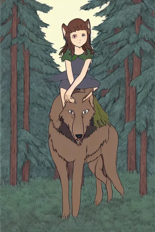 Prompt: young girl on a gray wolf, in a dark forest, in ghibli style