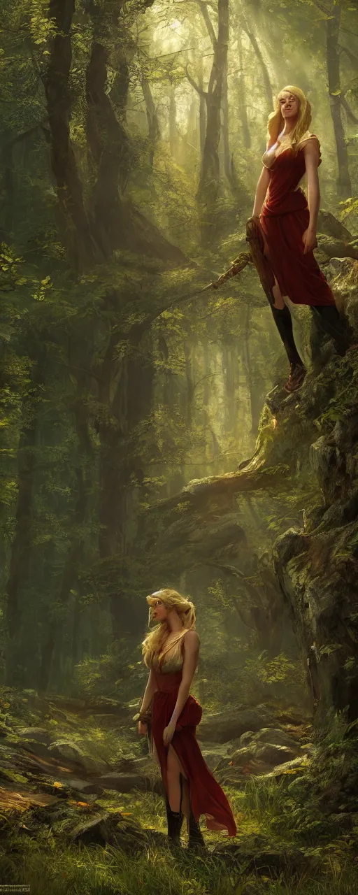 Prompt: a beautiful blonde female heroine standing in a forest, beautiful dynamic lighting, cinematic, wide angle establishing shot, extremely high detail, photo realistic, cinematic lighting, post processed, concept art, artstation, matte painting, style by frederic church, raphael lacoste, unreal engine 8k
