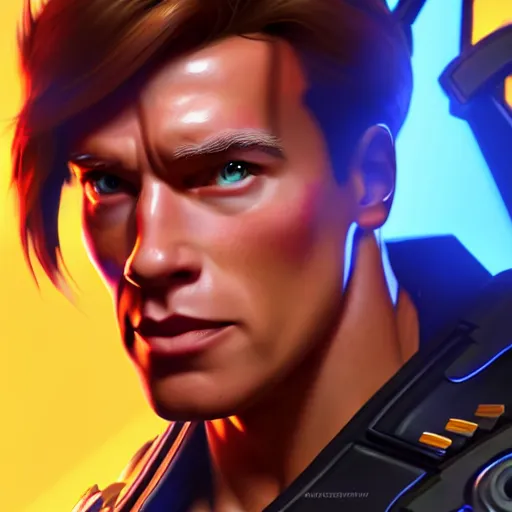 Prompt: a screenshot of arnold schwarzenegger as tracer in overwatch, portrait, fantasy, beautiful face, vivid colors, elegant, concept art, sharp focus, digital art, hyper - realistic, 4 k, unreal engine, highly detailed, hd, dramatic lighting by brom, trending on artstation