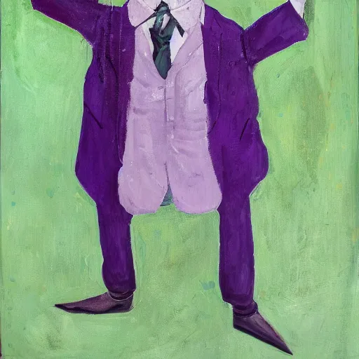 Prompt: Portrait of a psychotic crossbreed between a rabid dog and a toad, in a purple suit, oil painting