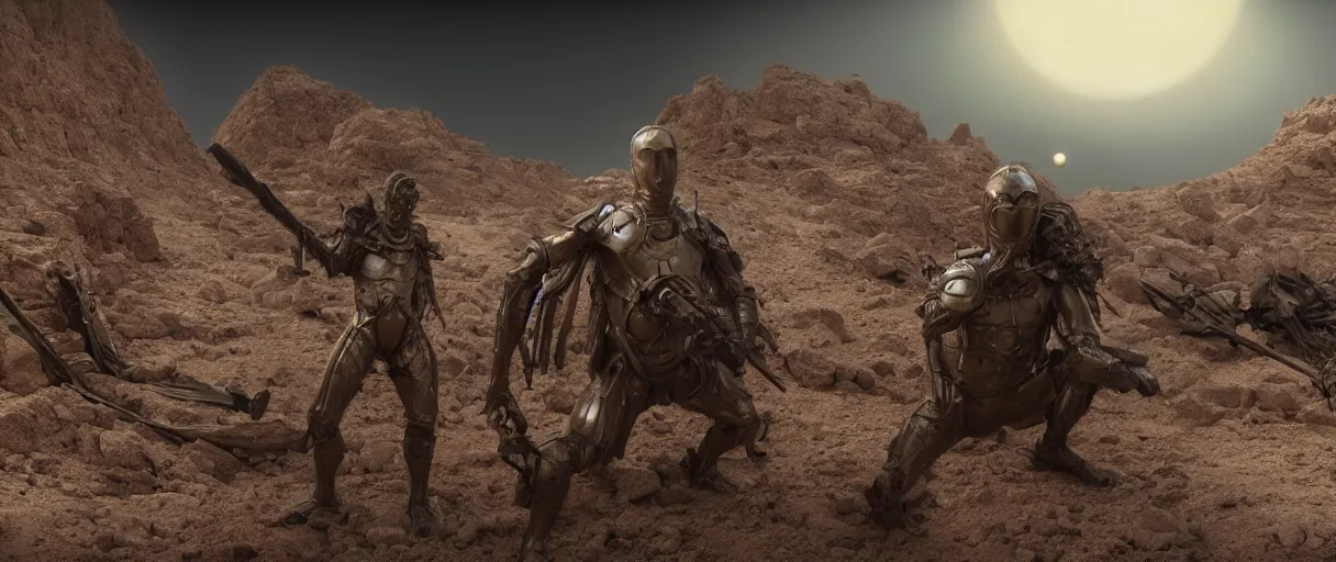 Image similar to muad'dib in a advanced still suit designed by northrop grumman hr giger tom ford moebius and yasushi nirasawa, wide angle, photorealistic, hdr, 8 k, octane render, the moons in background, desert land, mist, a horde of fremen in military gear and weaponry, 4 k, vray, volumetric lighting