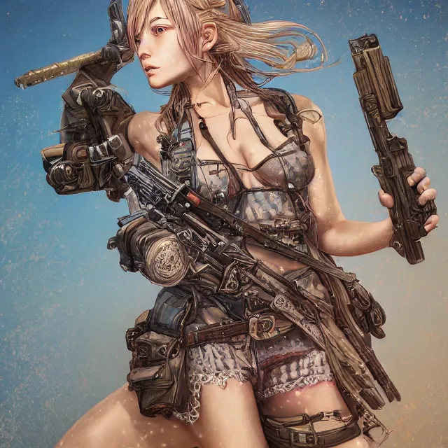 Image similar to the portrait of lawful neutral semi - colorful female infantry gunner as absurdly beautiful, gorgeous, elegant, young swimsuit model, an ultrafine hyperdetailed illustration by kim jung gi, irakli nadar, intricate linework, bright colors, octopath traveler, final fantasy, unreal engine 5 highly rendered, global illumination, radiant light, detailed and intricate environment