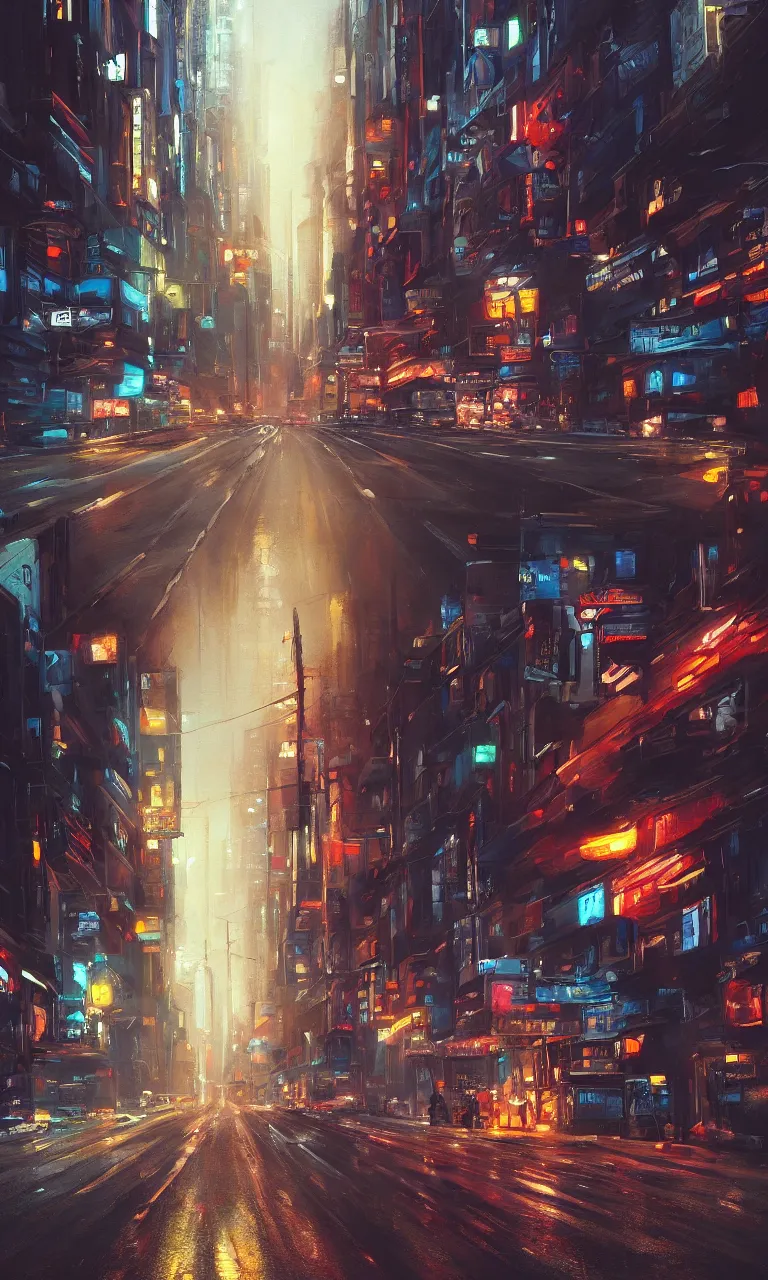 Prompt: an epic painting of the city street road, oil on canvas, cold colors, perfect road composition, golden ratio, beautiful detailed road, photorealistic, digital painting, artstation, concept art, smooth, sharp focus, illustration, cyberpunk background, artstation trending, octane render, unreal engine