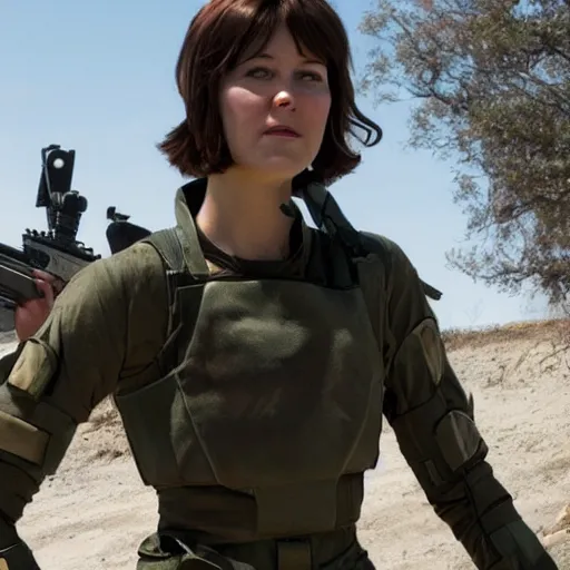 Image similar to mary elizabeth winstead as a futuristic soldier in a future battleground