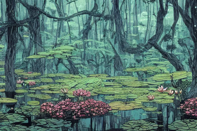 Prompt: a forest and the lily pond, that looks like it is from Borderlands and by Feng Zhu and Loish and Laurie Greasley, Victo Ngai, Andreas Rocha, John Harris